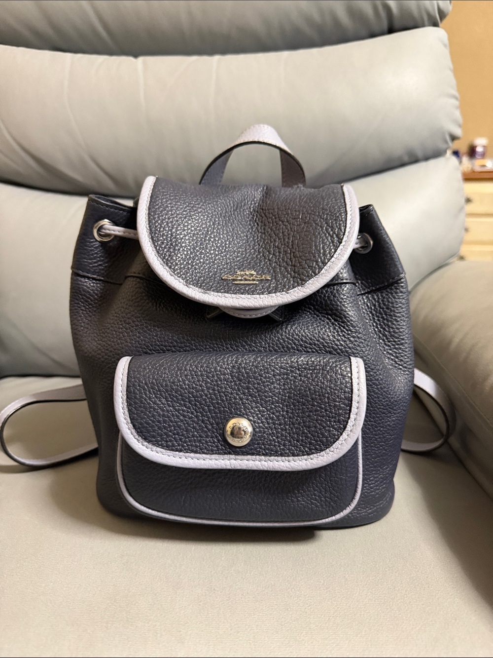 Coach Pebble Leather Backpack in Dark Gray with Light Trim